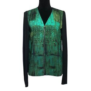 Tahari Green and Black V-Neck  Zip Up Blouse - Extra Small